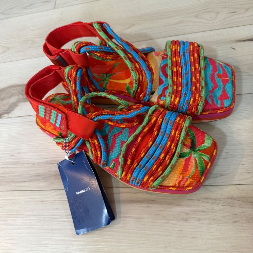 Farm Rio Red Ipanema Tropical Platform Sandals Rope Straps Women 9 NEW wo box